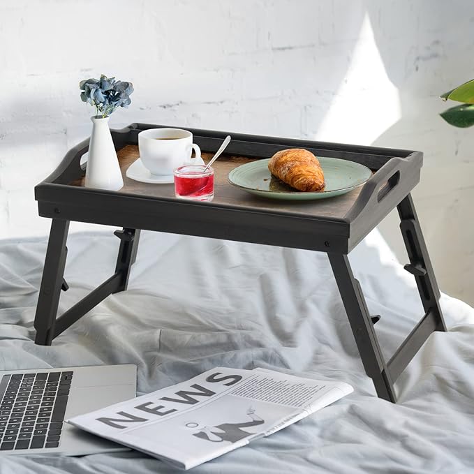 2 Pack Bed Tray Table Breakfast Trays Serving Tray Adjustable Height for Eating Bamboo Bed Laptap Floding Legs with Handles and Phone Holders-CasaMuseHome
