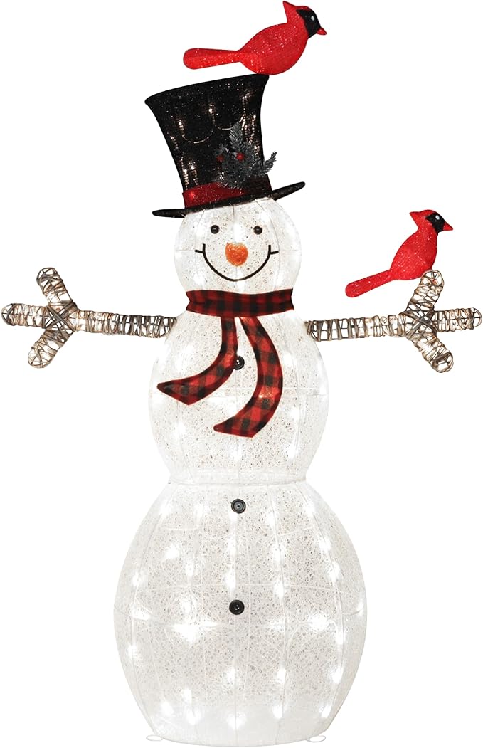 5FT Lighted Snowman with Birds for Christmas Decoration, 3D Pre-Lit Iridescent Snowman Xmas Decor with 90 LED Lights, Glittered Standing Holiday Display for Outdoor, Indoor-CasaMuseHome