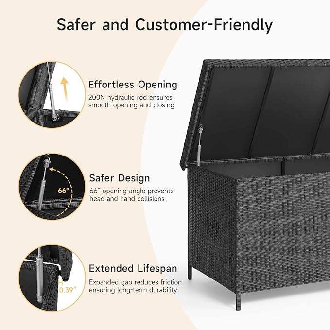 158 Gallon XL Deck Box with Lid, All Weather Wicker Outdoor Storage Box Waterproof, Large Outdoor Patio Storage Bin for Cushions, Garden Tools, Gears, Pool Accessories, Black-CasaMuseHome