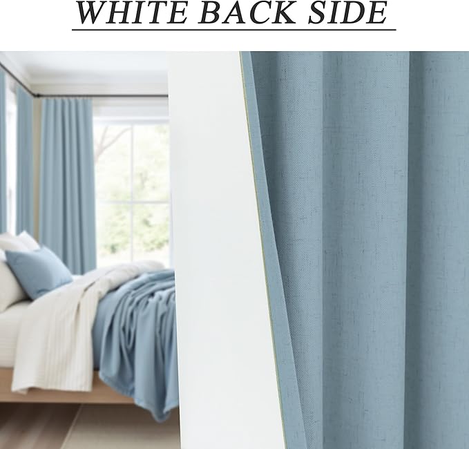 100% Blackout Curtains 90 Inches Long for Living Room 2 Panels Set Light Blocking Heat Darkening Energy Saving Curtain Window Coverings Coastal Beach Linen Farmhouse Drapes Bedroom Stone Blue Chambray-CasaMuseHome