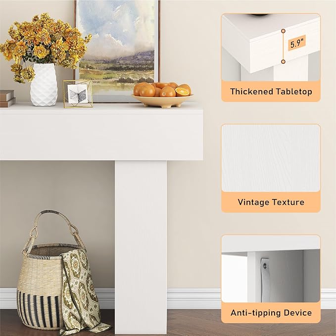 63 Inch Long Console Table for Entryway, Farmhouse Wood Rectangular Sofa Table Behind Couch Table, Narrow Entryway Table for Living Room, Entrance, Hallway, Foyer, Easy Assembly (Classic White)-CasaMuseHome