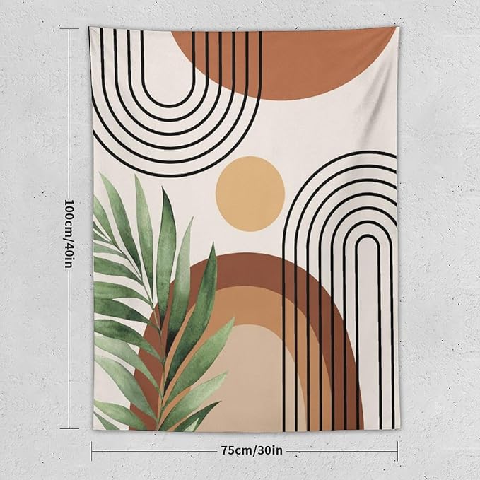 Abstract Bohemian Mid Century Tapestry, Tropical Leaves Modern Geometric Archway Minimalist Bohemian Botanical Aesthetic Wall Hanging, Sage Green Gold Home Decor Art for Bedroom 60x80 Inch-CasaMuseHome