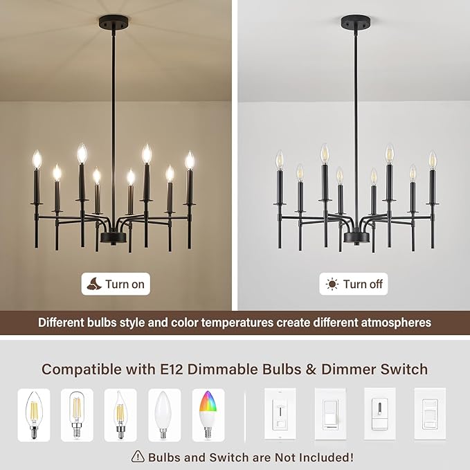 8 Light Black Chandelier Light Fixture, Modern Farmhouse Chandeliers for Dining Room Light Fixture, Metal Candle Pendant Chandelier for Foyer Entryway Stairs Living Room Bedroom Kitchen-CasaMuseHome