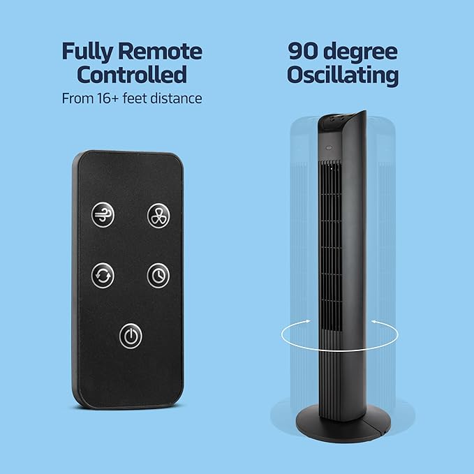 36” Oscillating Tower Fan, 3 Speed Portable Fan Tower With Remote Control, Quiet Operating Floor Fan for Bedroom with 7.5 Hr Auto Off Timer, Modern Design Room Cooling Fan For Home & Office-CasaMuseHome