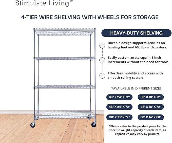 48"x24"x72" Prime Heavy Duty Chrome 4-Tier Wire Shelving NSF 3200 LBS MAX Capacity Storage Rack for Commercial, Hospital, School, Garage, and Kitchen Uses (with Wheels)-CasaMuseHome