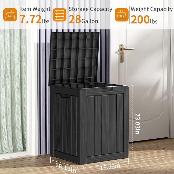 28 Gallon Resin Deck Box, Lockable Patio Outdoor Storage Box for Furniture, Garden Tools and Tools Storage, Waterproof Outside Storage Boxes - Black-CasaMuseHome