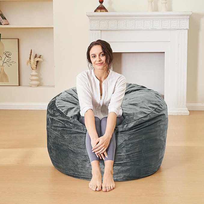 3 Feet Bean Bag Chair - BeanBag Chairs for Adults, Living Room Furniture Sofa with Soft Micro Fiber Cover, Round Fluffy Couch for Bedroom College Dorm - Grey-CasaMuseHome