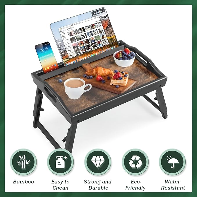 2 Pack Bed Tray Table Breakfast Trays Serving Tray Adjustable Height for Eating Bamboo Bed Laptap Floding Legs with Handles and Phone Holders-CasaMuseHome
