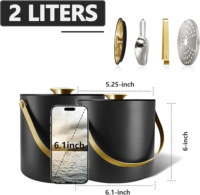 2L Ice Bucket with Silicone Lid, Scoop, Gold Tongs & Strainer, Stainless Steel Double Wall Insulated Ice Buckets for Parties & Cocktail Bar Outdoor Champagne Ice Container Bin, Black-CasaMuseHome