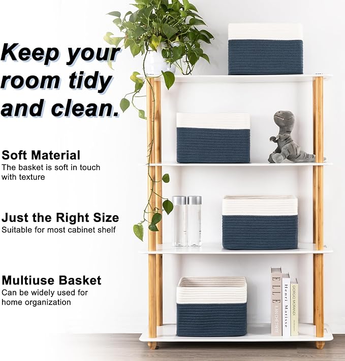 4 Pack Storage Baskets for Organizing, Woven Baskets for Shelves - Perfect for Toys, Books, Towels, and Clothes, Durable Gift Basket Bins Toy Storage, 12.7''L x9''W x7.8''H, Blue and White-CasaMuseHome