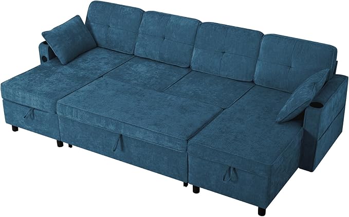 110 Inches Chenille Sectional Sofa w/Pull Out Sofa Bed & Adjustable Back, Tufted U Shaped Couch w/Two Storage Chaises, Sleeper Sectional Sofa w/USB Port & Cup Holders for Living Room, Blue-CasaMuseHome