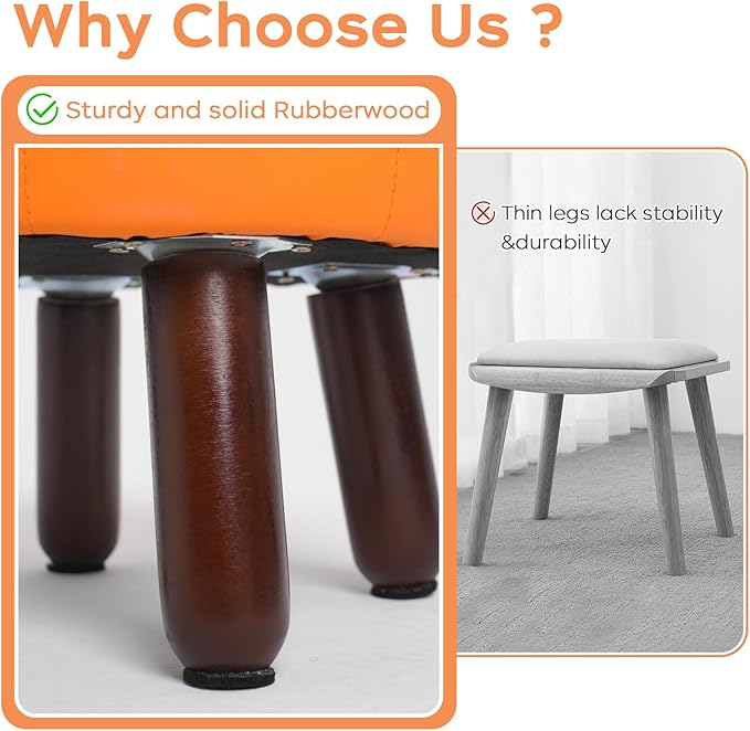 13in Small Foot Stool Ottoman, Round Faux Leather Foot Rest for Couch, Under Desk Pouf Footstool Footrest with Non-Skid Rubber Legs for Ling Room, Bedroom, 13''L x 13''W x 10.2''H, Orange-CasaMuseHome