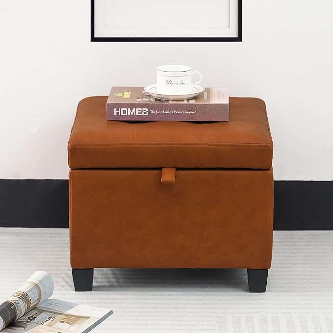 Adeco 17.5" Faux Leather Storage Ottoman with Hinged Lid, 14 Inch High Square Cube Foot Stool with Storage, Upholstered Vanity Stool with Solid Wood Legs for Living Room, Bedroom, Dorm (Warm Orange)-CasaMuseHome