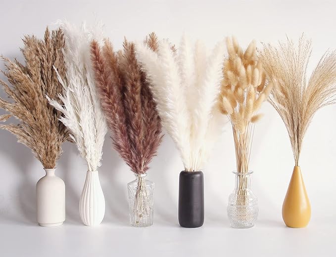 110 PCS Dried Pampas Grass Bouquet, Boho Table Decor, Bunny Tails Dried Flowers, Brown Pompas, White Pampas Grass for Wedding, Home, Rustic Party, Baby Shower Decorations-CasaMuseHome