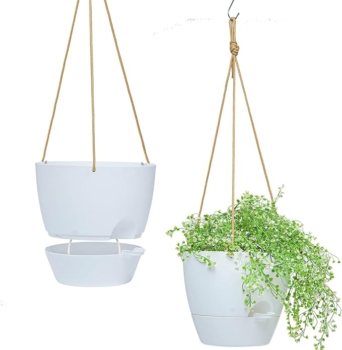 8 inch Hanging Planters, 2 Pack Self Watering Hanging Pots with 20oZ Deep Reservoir for Indoor Outdoor Plants Flowers, White-CasaMuseHome
