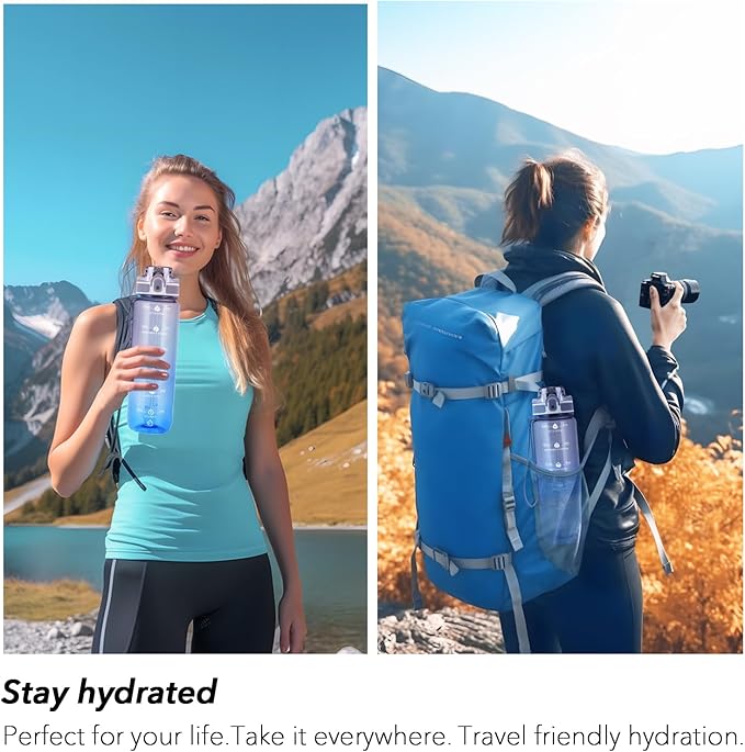 32oz Motivational Water Bottles with Time Marker & Fruit Strainer, Transparent Gradient Color Water Bottle with Times to Drink, Leakproof & BPA Free, Reusable Bottle with Strap (No Straw)-CasaMuseHome