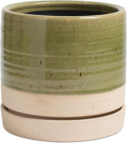6 Inch Plant Pots, Ceramic Planter Pot with Drainage Hole & Saucer, Indoor/Outdoor Cylinder Round Planter Pot, Green & Beige-CasaMuseHome