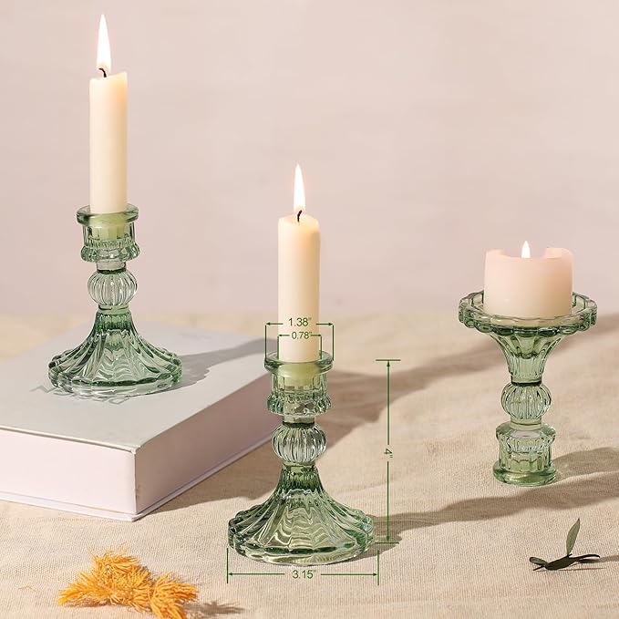 12PCS Green Candlestick Holders Set- 4" H Taper Candle Holders, Glass Candle Holders Bulk for Wedding, Party, Home Table Centerpieces, Festival Gifts & Windowsill Decor-CasaMuseHome