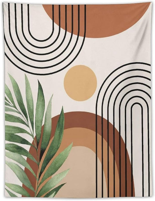 Abstract Bohemian Mid Century Tapestry, Tropical Leaves Modern Geometric Archway Minimalist Bohemian Botanical Aesthetic Wall Hanging, Sage Green Gold Home Decor Art for Bedroom 60x60 Inch-CasaMuseHome