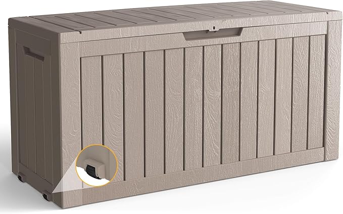 80 Gallon Outdoor Storage Box with Wheels, Waterproof Lockable Resin Deck Box Patio Storage Bin for Pool Accessories Cushion Furniture, Garden Tools, UV-Resistant Outside Delivery Grey-CasaMuseHome