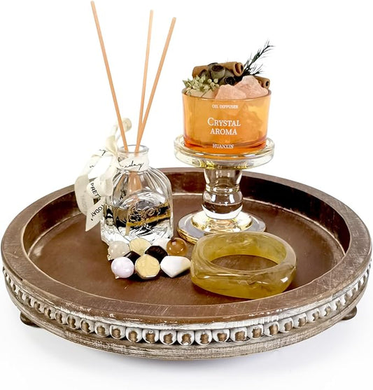 12 Inches Rustic Wooden Decorative Tray, Small Round Beaded Wood Tray for Kitchen Dinning Table Centerpiece Decor Entryway Living Room Home Decor, Brown-CasaMuseHome
