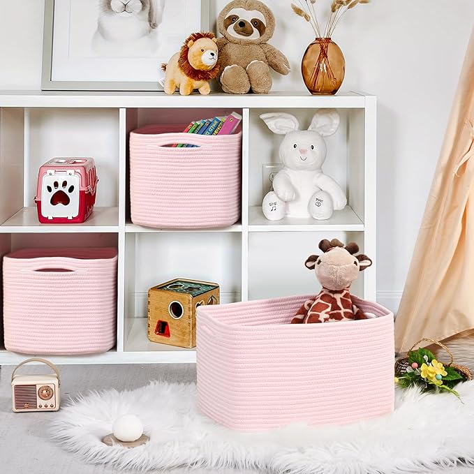 3-Pack Shelf Baskets for Organizing, Woven Storage Basket for Shelves, Cotton Rope Storage Bins for Toys Books, Nursery Towel Baskets for Classroom, 14.96"X9.8"X8.85", Pink-CasaMuseHome
