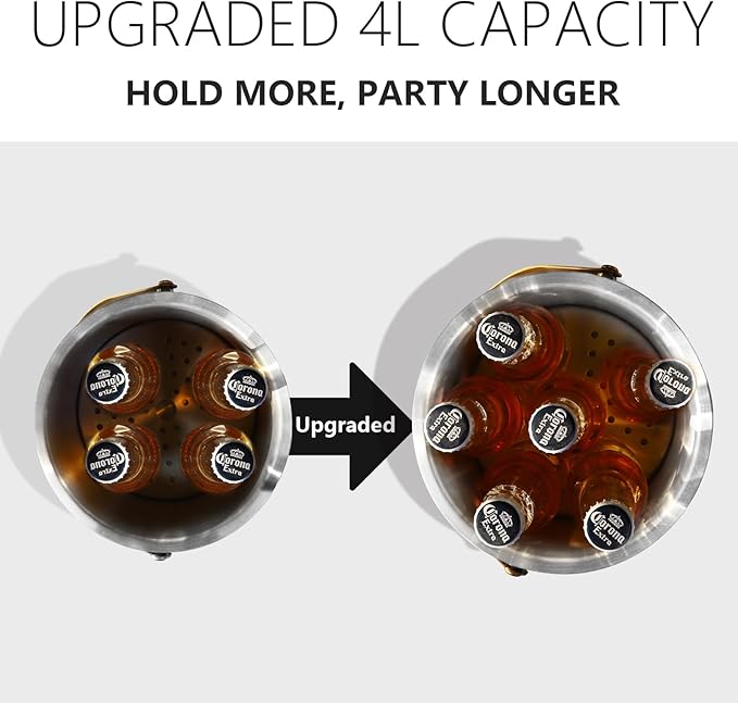 4L Ice Bucket with Silicone Lid, Scoop, Gold Tongs & Strainer, Stainless Steel Double Wall Insulated Ice Buckets for Parties & Cocktail Bar Outdoor Champagne Ice Container Bin, Black-CasaMuseHome