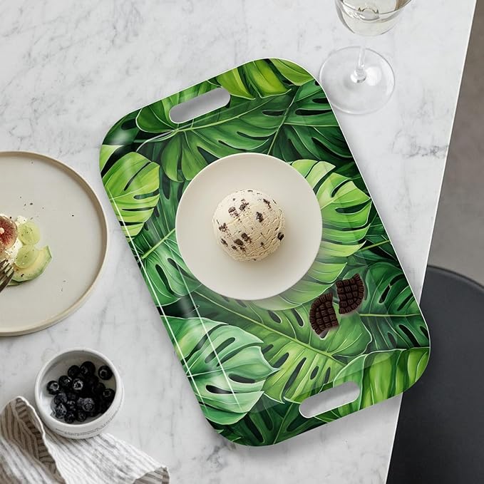 Serving Trays with Handles, 14.5 x 9.8 inch Rectangular Plastic Tray for Restaurant, Kitchen, Tropical Leaf Pattern Monstera in The Style-CasaMuseHome