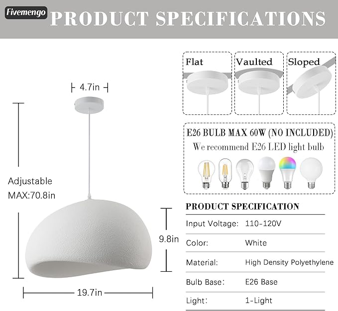 19.7in Wabi Sabi Pendant Lights Kitchen Island Lighting Fixture Ceiling Mount White Modern Japanese Lamp Japandi Chandelier for Dining Living Room Hallway Bedroom Restaurant Hanging Lamp-CasaMuseHome