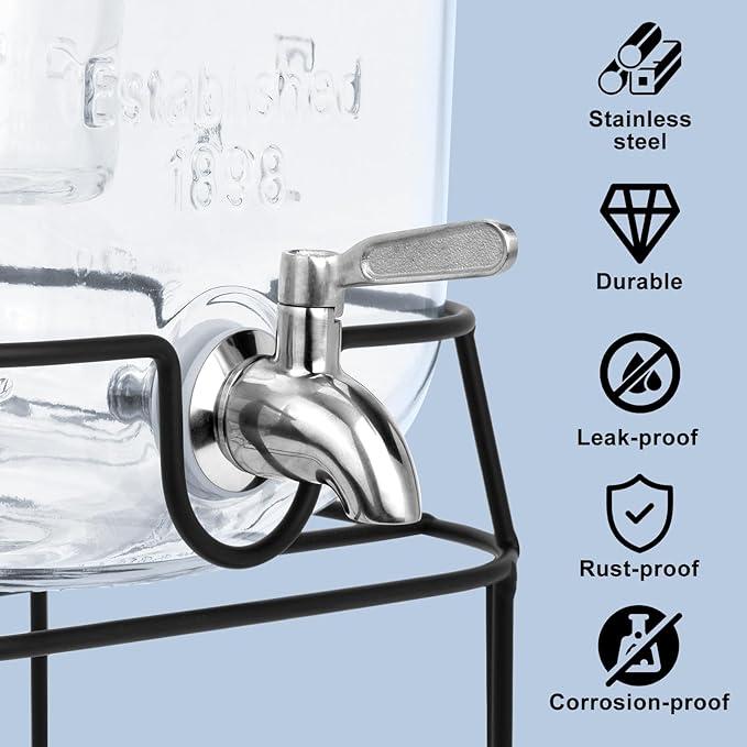 2 Gallon Glass Drink Dispensers For Parties,Beverage Dispensers With Stand And 100% Leakproof Stainless Steel Spigot.Glass Water Jug Dispenser,Lemonade Dispenser,Mason Jar.-CasaMuseHome