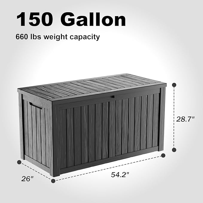 150 Gallon Outdoor Deck Box,Storage Lockable Waterproof Patio Furniture,Garden Tools,Cushions,Pool Accessories Outside Storage Resin Box(Black)-CasaMuseHome