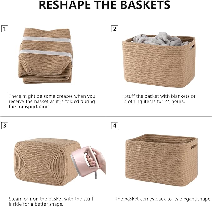 4 Pack Storage Baskets for Organizing, Woven Baskets for Shelves - Perfect for Toys, Books, Towels, and Clothes, Durable Gift Basket Bins Toy Storage, 12.7''L x9''W x7.8''H, Jute-CasaMuseHome