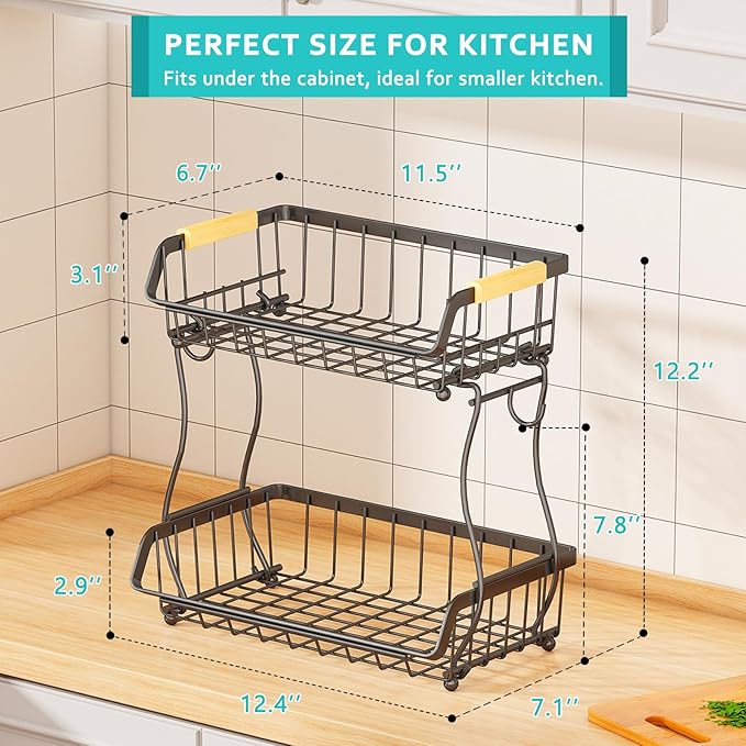 2 Tier Fruit Basket with 2 Banana Hangers, Detachable Countertop Fruit Bowls for Kitchen Counter, Metal Wire Fruit Vegetable Storage Holder Stand with Wooden Handles for Bread, Snacks, Veggies-CasaMuseHome