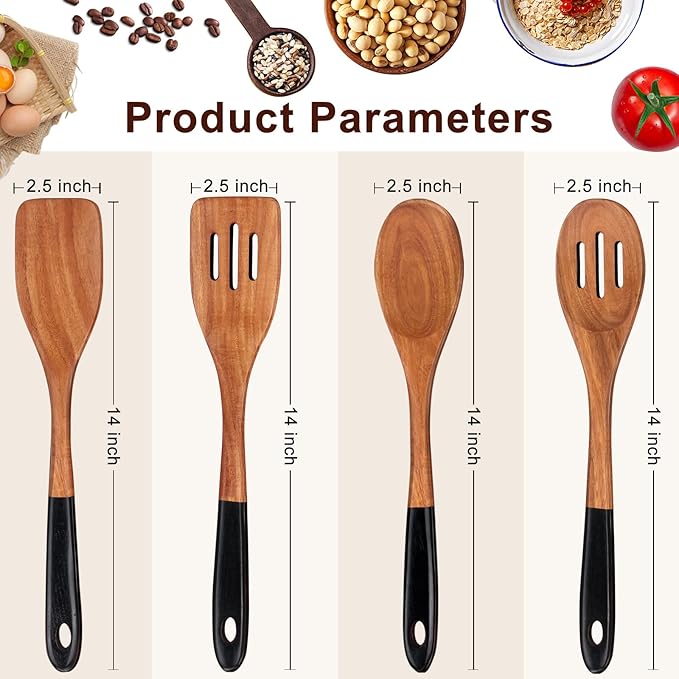14 Inch Large Wooden Spoons for Cooking Utensils Set Acacia Wood Spatula Slotted Spoon Best Non Toxic Kitchen Utensil Long Mixing Spoon Spatulas Turner Stirring Serving Spoons Kitchen Use Tools-CasaMuseHome