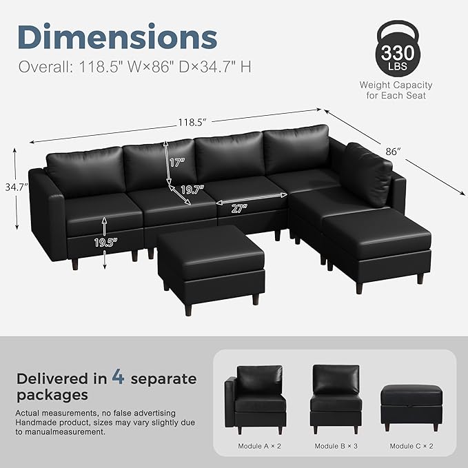 118.5" Faux Leather Modular Sectional Sofa, L Shaped Couch Set for Living Room, 7-Seater Comfy Cloud Couches with Storage Seat Black-CasaMuseHome