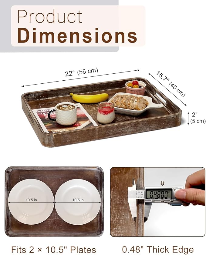22 Inch Rustic Wood Serving Tray with Handles, Large Rectangular Wooden Ottoman Tray, Beautiful Home Décor for Living Room Coffee Table Couch, Ideal for Serving Food Breakfast BBQ Parties-CasaMuseHome