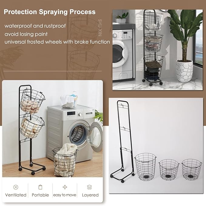 3 Tier Laundry Basket with Rolling Lockable Wheels Wire Metal Sorter Storage Trolley Shelf Basket Durable Metal Sorter Clothes Storage Trolley Shelf with Removable Hamper for Organizing Clothes-CasaMuseHome