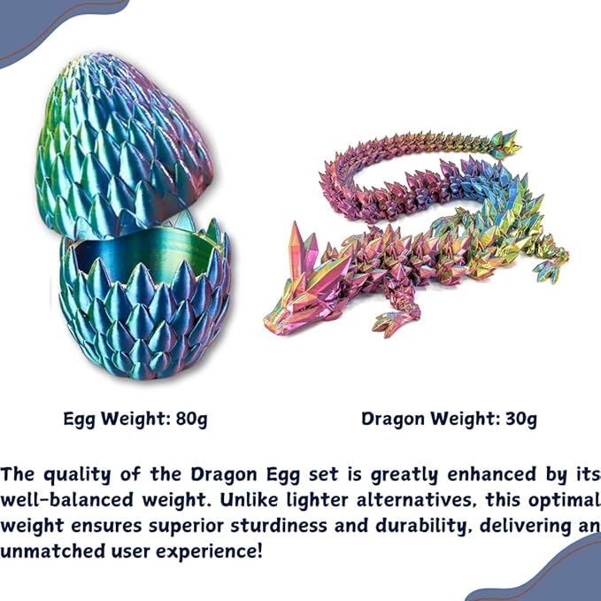 3D Printed 12” Articulated Crystal Dragon Inside 5.1” Egg – Fantasy Collectible, Fidget Toy & Stocking Easter Basket Stuffers for Home & Office Decor (Multicolor).-CasaMuseHome