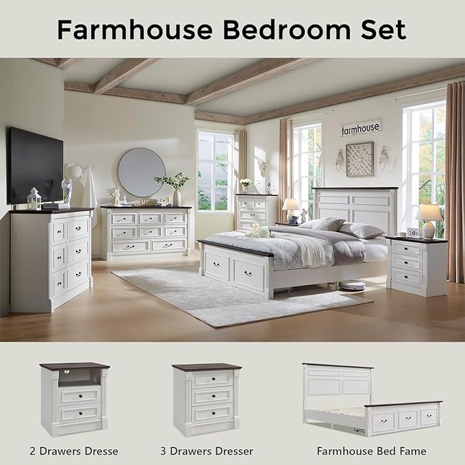 26" Tall Farmhouse Nightstand Set of 2, 3 Drawers End Table w/Charging Station, 23.6" Wide Large Side Table w/Roman Column, Wood Rustic Sofa Table for Bedroom, White-CasaMuseHome