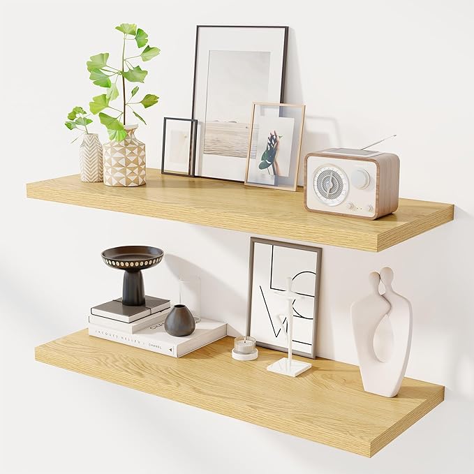 36" Floating Shelves for Wall, 12" Deep Slim Oak Floating Shelves, Wall-Mounted Shelves for Bedroom, Living Room, Kitchen, Bathroom - Set of 2-CasaMuseHome