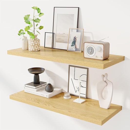 36" Floating Shelves for Wall, 12" Deep Slim Oak Floating Shelves, Wall-Mounted Shelves for Bedroom, Living Room, Kitchen, Bathroom - Set of 2-CasaMuseHome