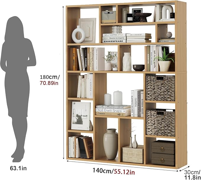 71" Tall 6-Tier Heavy Duty Bookcase with 2 Foldable Storage Baskets, 55" Wide Open Bookshelf with 16 Irregular Cubes for Living Room, Office （Yellow）-CasaMuseHome