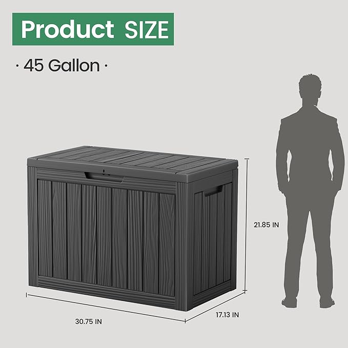 45 Outdoor Storage Box, Waterproof Resin Deck Box with Side Handles, Lockable Outdoor Bench for Indoor & Outdoor Use, Storage Bin for Patio Cushions, Garden Tools, Package Delivery, Black-CasaMuseHome