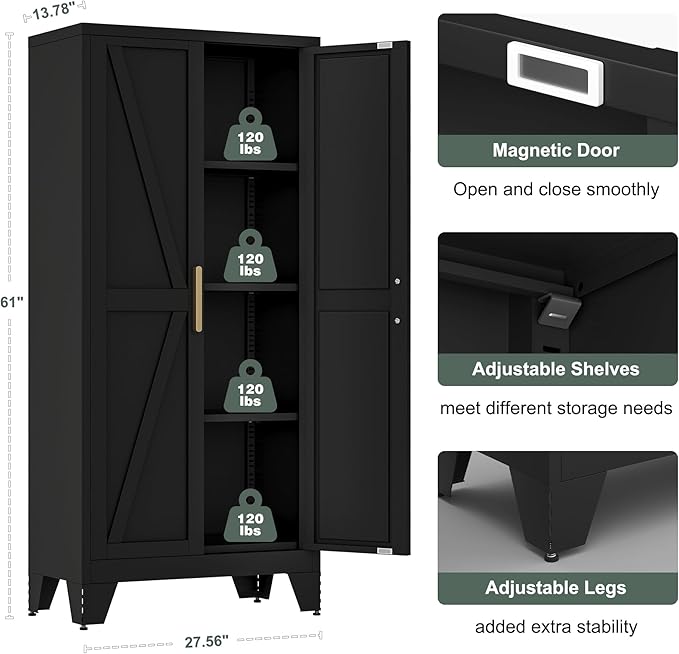 61" Tall Farmhouse Metal Pantry Cabinet, Kitchen Pantry Storage Cabinets with 2 Barn Door and Adjustable Shelves,Metal Pantry Storage Cabinet,for Kitchen,Laundry Room,Home Office,Kids Room (Black)-CasaMuseHome