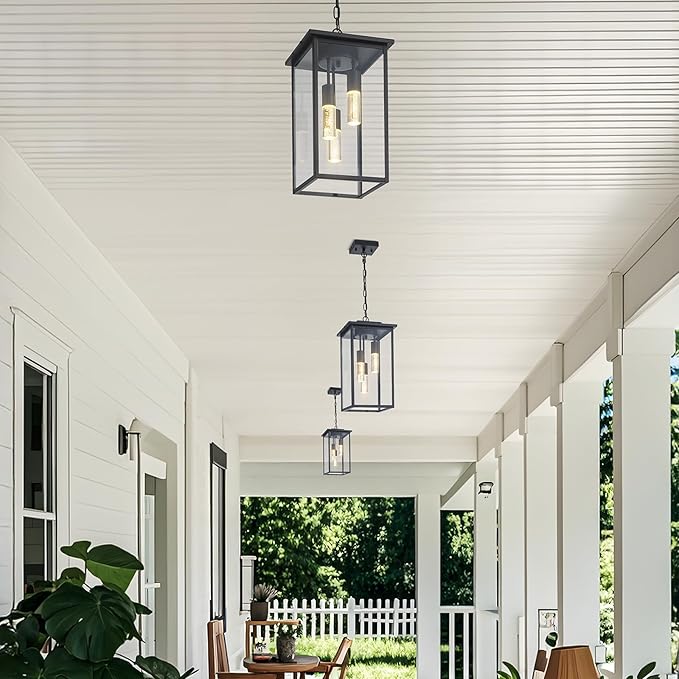 3-Color LED Outdoor Pendant Light with Remote, 3-Light 19" Large Outdoor Chandelier for Porch, Black Exterior Pendant Lighting Fixture Ceiling Mount Pendant Lantern for Patio Front Door-CasaMuseHome