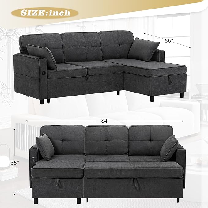 84 Inches Fabric Sectional Sofa w/Pull Out Sofa Bed & Adjustable Back, Tufted L Shaped Couch w/Storage Chaise, Sleeper Sectional Sofa w/USB Port & Cup Holders for Living Room, Grey-CasaMuseHome