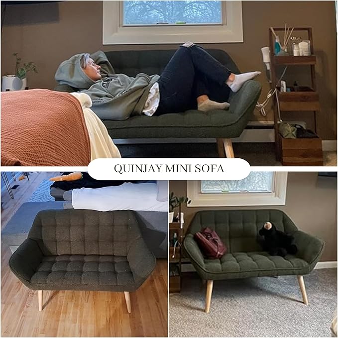 48" Small Loveseat Sofa, Modern Sherpa Mini Sofa Couch 2-Seater Fluffy Love Seat with Quilting Backs and Wood Legs for Living Room, Bedroom and Small Space, White-CasaMuseHome