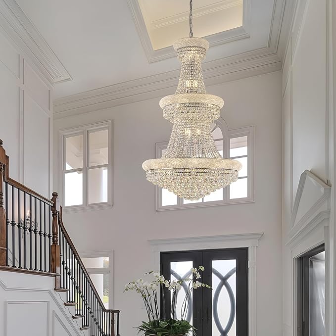 31 - Light Large Empire Crystal Chandelier for High Ceiling Foyer Entryway Staircase Living Room Dining Room Chrome Finish-CasaMuseHome