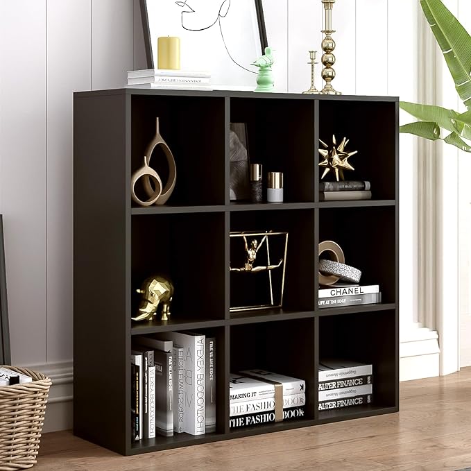 9-Cube Storage Shelf Bookcase - Wooden 3-Tier Free Standing Open Bookshelf for Home and Office, Organizer Cabinet in Black-CasaMuseHome
