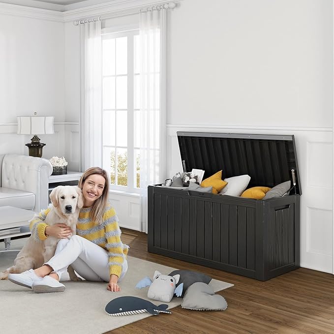 80 Gallon Resin Deck Box, Lockable Outdoor Storage Box for Patio Cushions Storage Furniture,Garden Tools, Pool Supplies, Weatherproof and UV Resistant- Black (80 Gallon)-CasaMuseHome